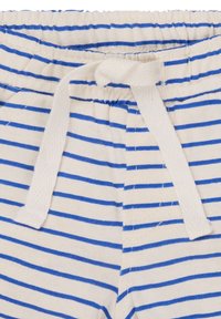 Gestreepte lichtgewicht katoenen broek met een witte basis en blauwe horizontale strepen, voorzien van een witte trekkoord rondom de taille.