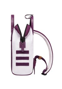 Purple and white backpack with a zip closure, adjustable strap, and three vertical webbing accents. Smooth texture with leather details.