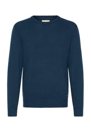 Granatowy sweter z okrągłym dekoltem, wykonany z teksturowanej dzianiny, z długimi rękawami i ściągaczem na dole. Delikatny detal z logo na dolnym lewym brzegu.