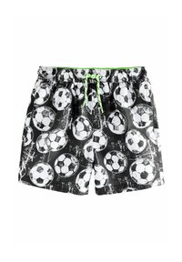 Pantaloni da bagno neri con un motivo ripetitivo di palloni da calcio bianchi su uno sfondo grigio macchiato, con un cordino verde neon.