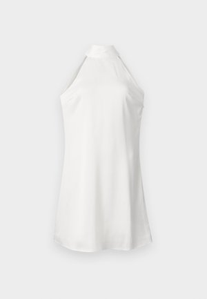 Haut à col halter blanc, en tissu lisse. Présente des bords droits avec un design minimal et des côtés ouverts. Silhouette simple et épurée.