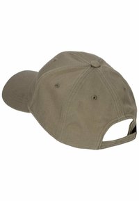 Olive green baseball cap made of cotton with a curved visor, six panels, ventilation holes, and an adjustable strap at the back.
