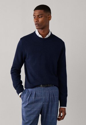 Man draagt een marineblauwe trui over een wit overhemd met kraag en blauwe geruite geplooide broek, staand met één hand in de zak tegen een grijze achtergrond.