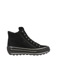 Sneaker alta nera con zip laterale, lacci neri e suola spessa con battistrada e striscia argentata.