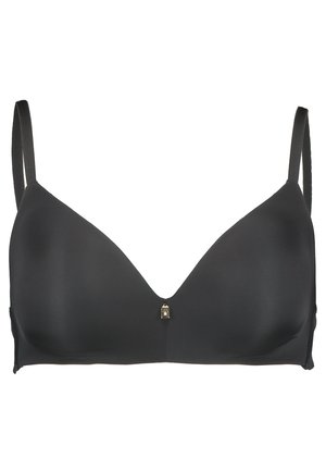 Schwarzer Soft-Cup-BH mit V-Ausschnitt, verstellbaren Trägern und einem kleinen goldenen Hardware-Akzent in der Mitte. Glatte Stoffstruktur.