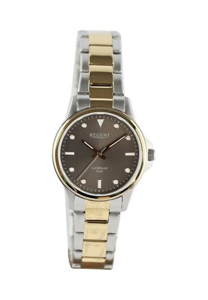 Montre-bracelet Regent avec bracelet en métal or et argent, cadran rond foncé, marqueurs d'heure argentés et trois aiguilles indiquant 10:09:38.