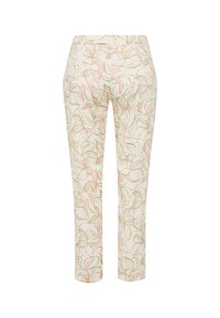 Pantalon blanc avec un motif floral dans des teintes de rose tendre et d'or. Conçu avec une coupe droite et une taille standard, adapté à une tenue décontractée.