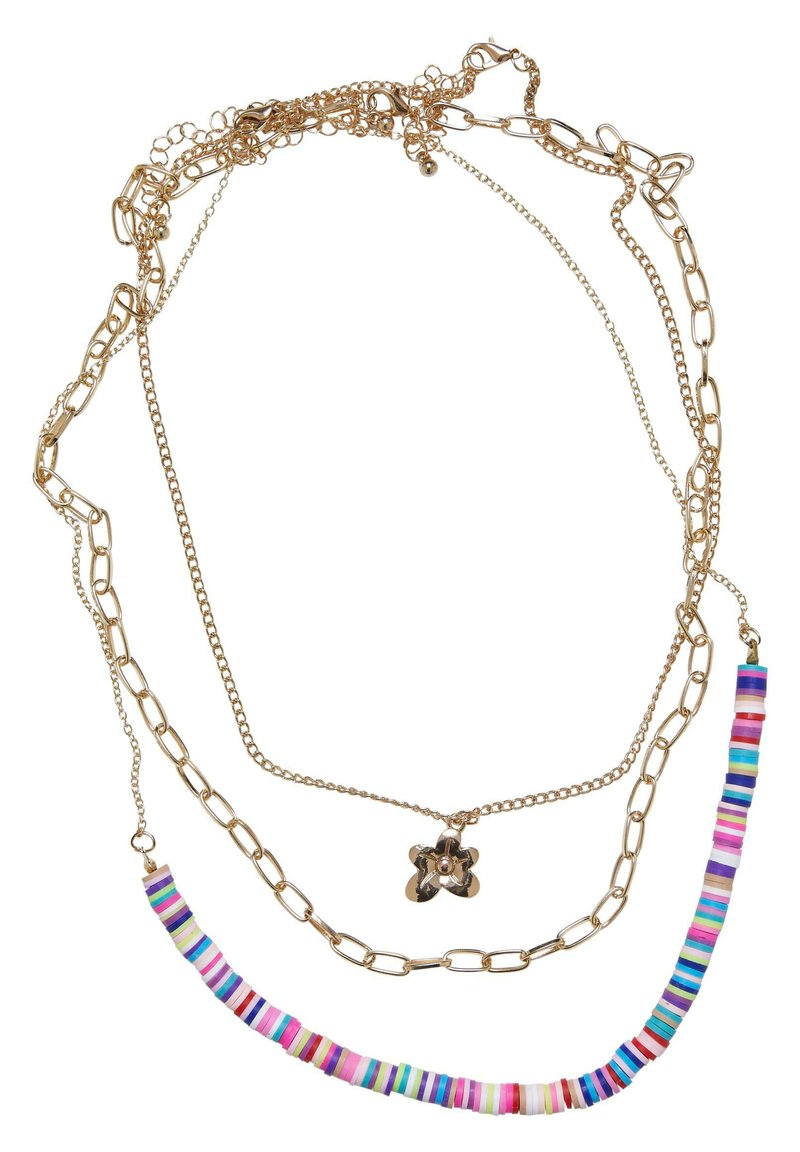 Guldtonad halsband med flera länkade kedjor. Har en blommig berlock och en flerfärgad pärlsträng i rosa, blått och lila.