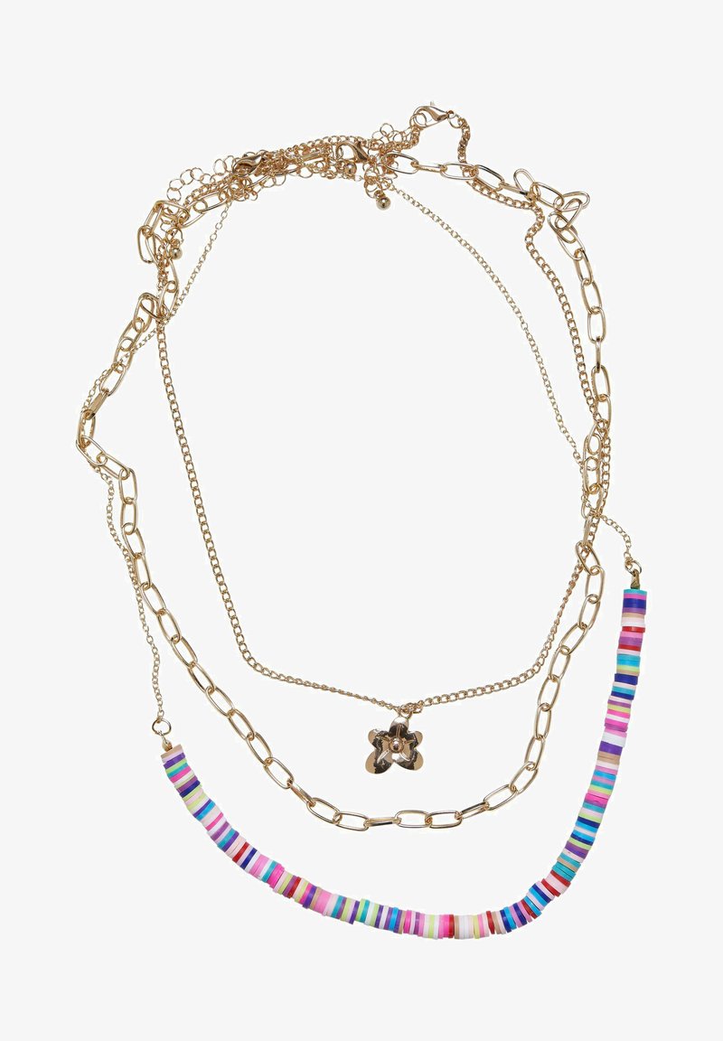 Zlato obarvana verižica z več povezanimi verigami. Vsebuje cvetlični amulet in več barvni perlicni trak v roza, modri in vijolični barvi.