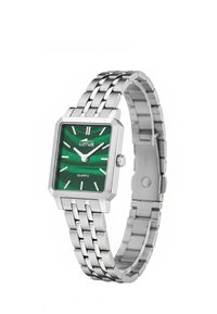 Silberne rechteckige Quarzuhr mit grünem strukturiertem Zifferblatt, weißen Stundenmarkierungen und einem Edelstahl-Armband aus Gliedern. Markenlogo: Lotus.