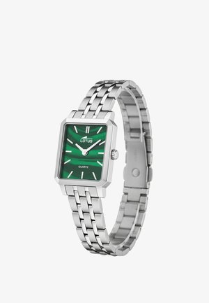 Silberne rechteckige Quarzuhr mit grünem strukturiertem Zifferblatt, weißen Stundenmarkierungen und einem Edelstahl-Armband aus Gliedern. Markenlogo: Lotus.