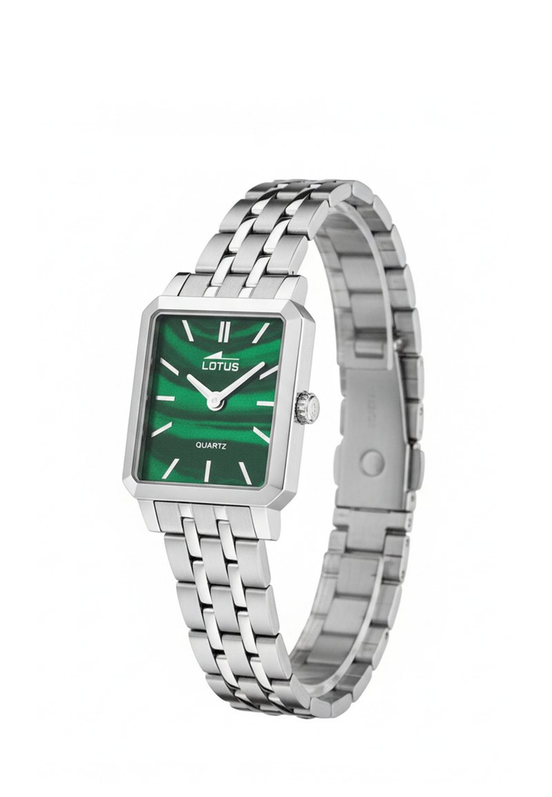 Silberne rechteckige Quarzuhr mit grünem strukturiertem Zifferblatt, weißen Stundenmarkierungen und einem Edelstahl-Armband aus Gliedern. Markenlogo: Lotus.