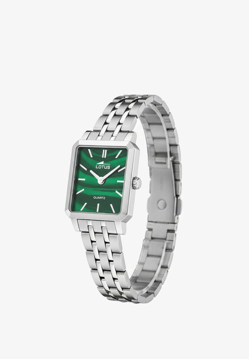 Silberne rechteckige Quarzuhr mit grünem strukturiertem Zifferblatt, weißen Stundenmarkierungen und einem Edelstahl-Armband aus Gliedern. Markenlogo: Lotus.