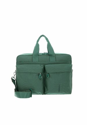 Sacoche d'ordinateur portable verte avec deux poches avant, fermeture éclair, tissu texturé, double poignée et bandoulière amovible.