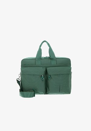 Sacoche d'ordinateur portable verte avec deux poches avant, fermeture éclair, tissu texturé, double poignée et bandoulière amovible.