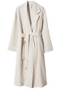 Lys beige linnedrobe med en klippet krave, lange ærmer, taljebånd og mellemlang design med en glat tekstur.