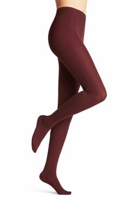 Collant bordeaux, texture liscia, design a vita alta, copertura completa con punta rinforzata. Nessun motivo o accento, indumento versatile.