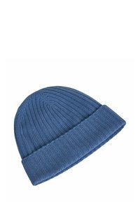Beanie blu lavorato a maglia con texture a coste e risvolto. Realizzato in materiale morbido, presenta un design semplice e funzionale.