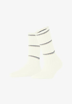 Roomwitte sokken met ribbelstructuur, met twee horizontale strepen in blauw en bruin aan de bovenkant. Standaard crewlengte ontwerp.