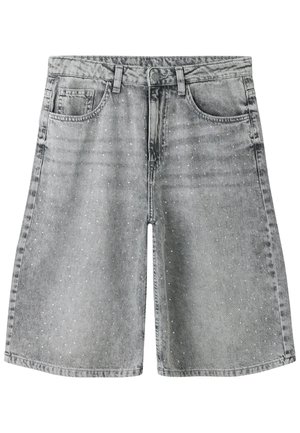 Svetlošedé džínsy šortky s malými bielymi bodkami, s predným zapínaním na gombík a zips, pútkami na opasok a prednými vreckami.