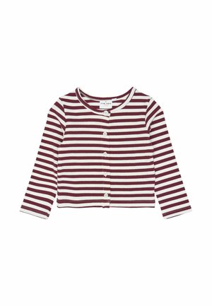 Cardigan à manches longues pour enfants avec rayures horizontales bordeaux et blanches et fermeture à boutons à l'avant.