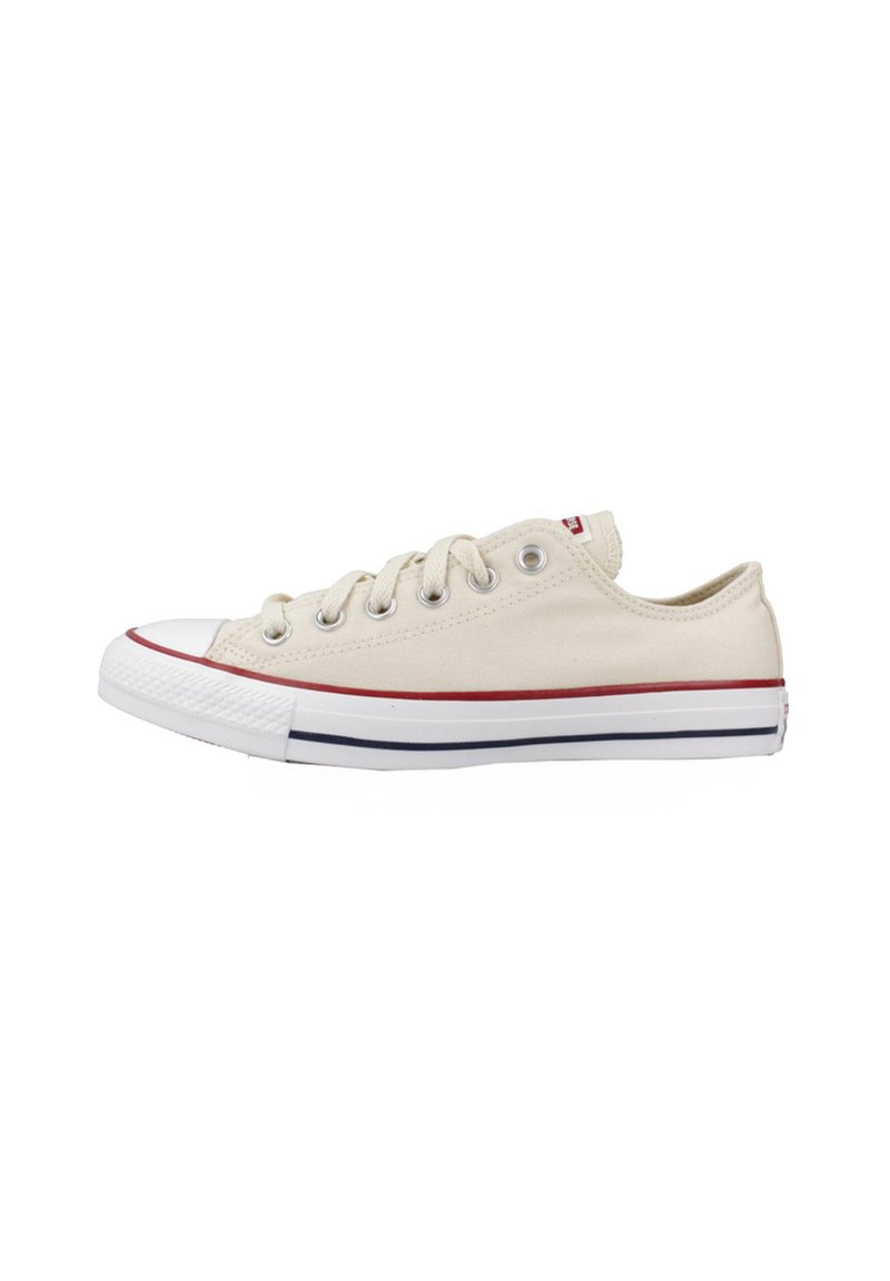Beige canvas sneakers dengan bagian depan karet putih, garis aksen merah dan biru, serta lubang tali logam. Tekstur yang halus.