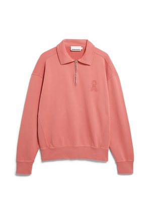 Koraalroze sweatshirt met lange mouwen, halve rits, omgeslagen kraag, geribbelde manchetten en subtiel logo op de linkerborst.