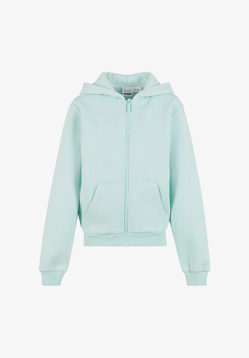 Felpa con zip verde menta realizzata in tessuto morbido. Presenta un cappuccio, tasche frontali e polsini e orlo a costine. Design semplice con dettagli minimi.