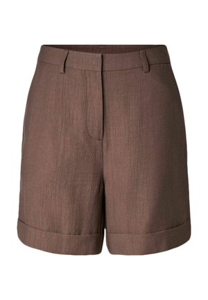 Shorts en tissu texturé marron avec passants de ceinture, fermeture éclair à l'avant et ourlet retroussé.