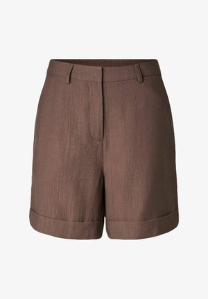Shorts en tissu texturé marron avec passants de ceinture, fermeture éclair à l'avant et ourlet retroussé.