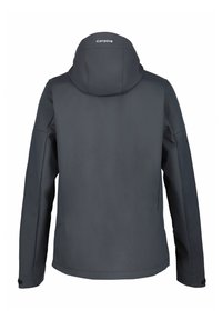 Veste grise avec capuche, texture lisse, présentant un design minimaliste, des détails cousus et des poches latérales. Aucun logo ni motif visible.