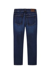 Mørkeblå denim jeans med lige skæring, med en talje, to baglommer og et brunt lædermærke bagpå.