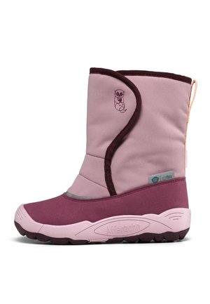Kinderschnee- oder Winterstiefel in Rosa und Lila mit Klettverschluss, weichem Obermaterial, Gummisohle und kleinem Otter-Logo an der Seite.
