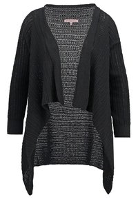 Svart stickad kofta med öppen framkant, långa ärmar och ett strukturerat mönster. Har en lös passform och en stilfull draperad silhuett.