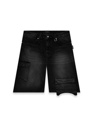 Schwarze Denim-Shorts mit lockerer Passform, zwei Vorderseiten-Taschen und einer seitlichen Cargo-Tasche mit Klappe. Hergestellt aus robustem Material.