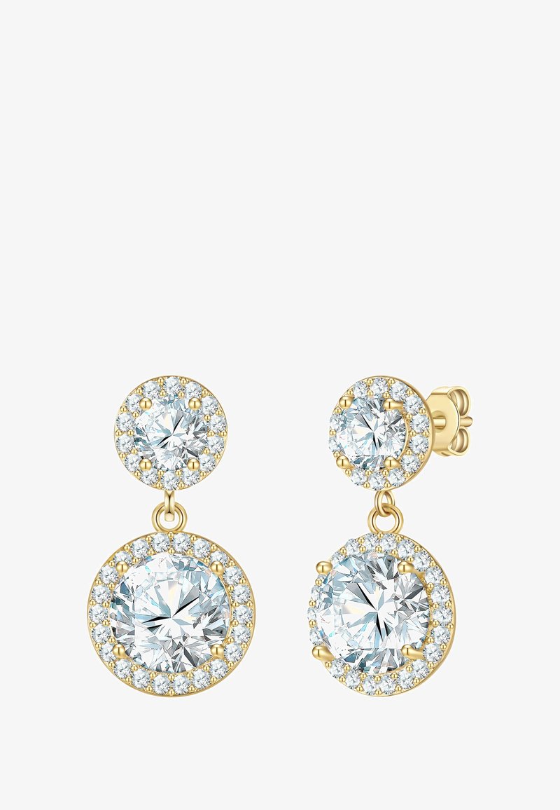 Aukso spalvos pakabukai, puošti dviem apvaliais akmenimis, apsuptais mažų skaidrių kristalų, su lakuotu paviršiumi ir saugiu užsegimu.