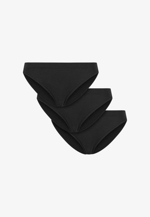 Black cotton panties, featuring a smooth texture, classic brief design, and elastic waistband. Three pairs stacked vertically.