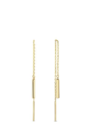 Paire de boucles d'oreilles filaires en chaîne d'or délicate avec des pendentifs rectangulaires et fins en forme de barre suspendus verticalement.