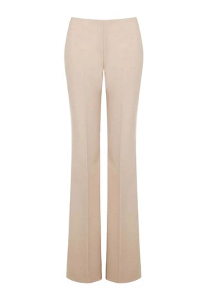 Pantaloni beige a vita alta, taglio dritto, con piega frontale, senza tasche o chiusure visibili.