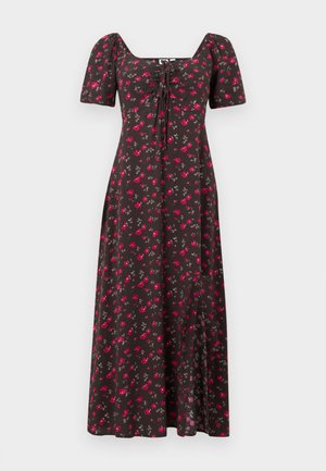 Vestido midi marrón oscuro con mangas cortas abullonadas, escote cuadrado, detalle de lazo delantero y pequeño estampado floral en rosa.