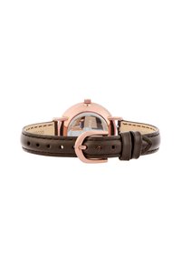 Montre avec bracelet en cuir marron, dotée d'un boîtier en acier rose, d'un cadran rond et d'une boucle en métal poli avec un design minimaliste.