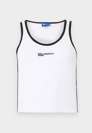 Weißes ärmelloses Tanktop mit schwarzem Rand und dem auf der Vorderseite in der Mitte aufgestickten Schriftzug "KARL LAGERFELD JEANS".