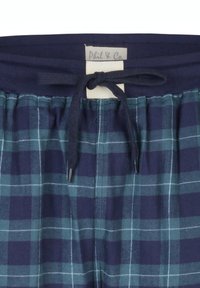 Marineblauwe en tealgroene geruite pyjamashorts met een elastische tailleband en trekkoord. Bevat zachte stof en een label aan de taille.