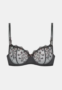 Zwarte kanten bh met bloemenn borduursel in gedempt roze, voorzien van verstelbare bandjes en een klein strikje in het midden. Semi-transparante cups.