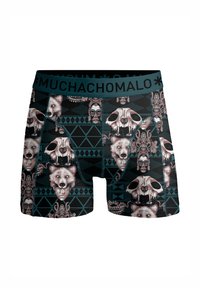 Kailiniai apatiniai šortai su juodu pagrindu, papuošti sudėtingais spalvotais gyvūnų kaukolių, veidų ir geometrinių formų raštais. Teal spalvos juostos.