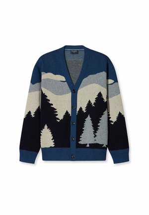 Strickjacke mit blauem Grund und einem Muster aus Bergen und Bäumen in Grau und Creme, V-Ausschnitt und vorderer Knopfleiste.