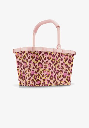 Cesta plegable rosa con estampado de leopardo rosa y marrón y círculos amarillos con caras sonrientes, con un asa rosa suave.