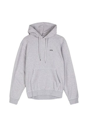 Felpa con cappuccio grigio chiaro con tasca frontale e piccolo testo nero "arte" sul petto sinistro, con cordini e polsini e orlo a coste.