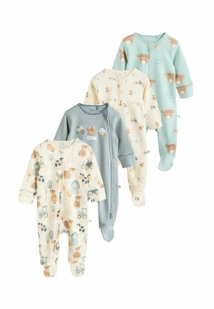 Vier Babystrampler mit verschiedenen Mustern: Tiere, Traktoren und Naturszenen. Die Farben umfassen hellblau, creme und blau-gestreift. Aus Baumwollmaterial.