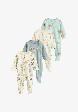 Fire babys veste med forskellige mønstre: dyr, traktorer og naturskildringer. Farverne inkluderer lyseblå, creme og blå striber. Lavet af bomuldsmateriale.
